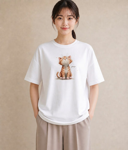 Tシャツ レディース キジトラ 猫 ねこ イラスト フェミニン お出かけ 普段着 白T YMAZO