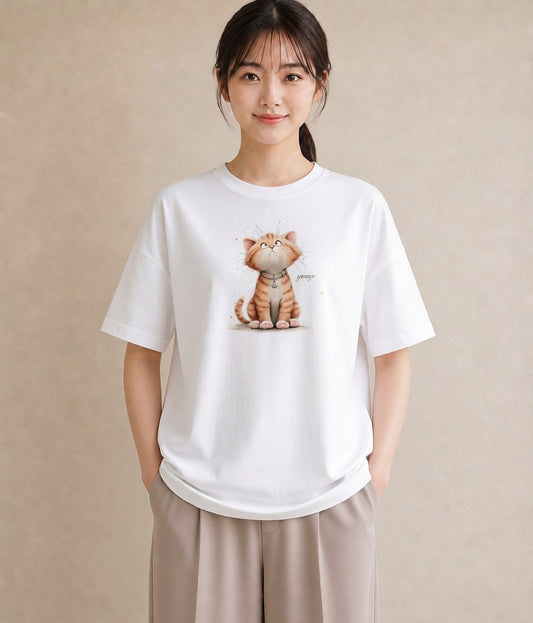 Tシャツ レディース キジトラ 猫 ねこ イラスト フェミニン お出かけ 普段着 白T YMAZO