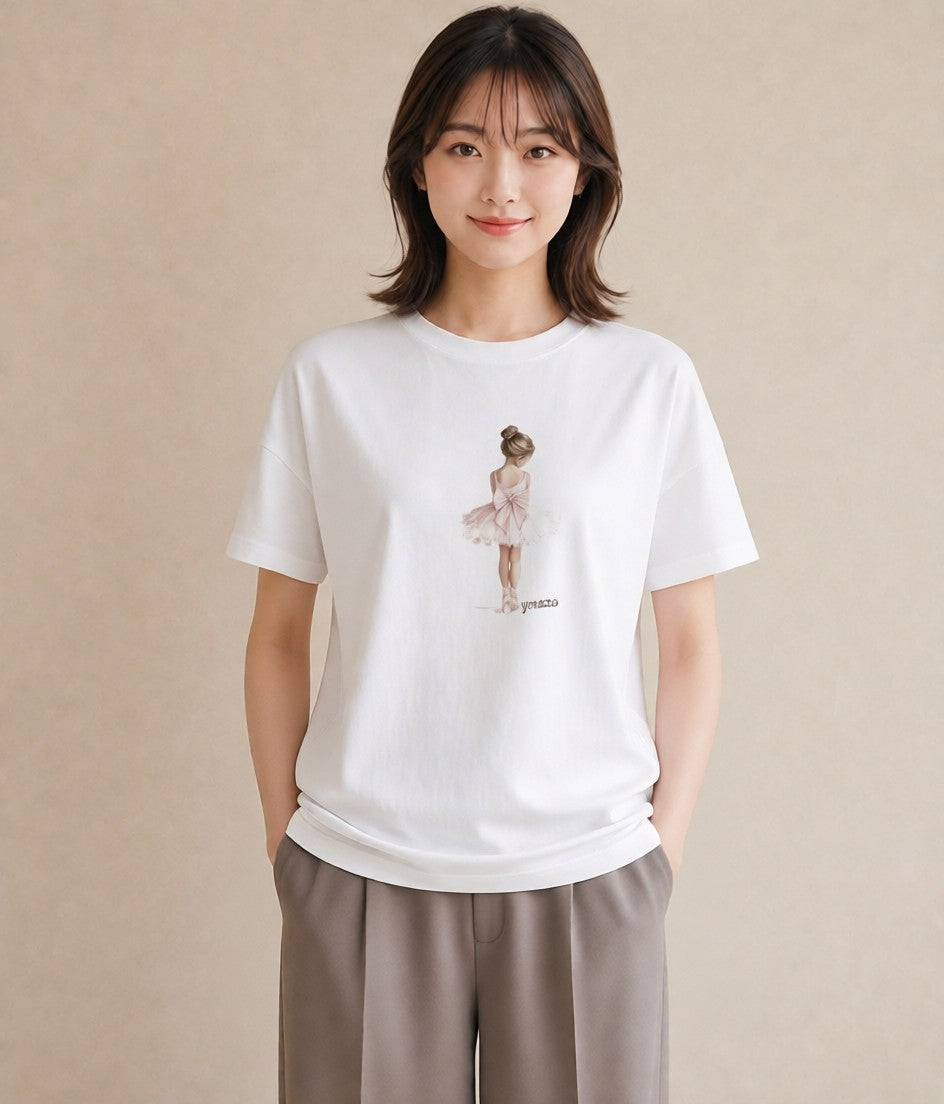 デザインTシャツ レディース バレエシューズ バレエ トウシューズ ナチュラル アンティーク イラスト 休日コーデ 自分用 ルームウェア 白T YMAZO