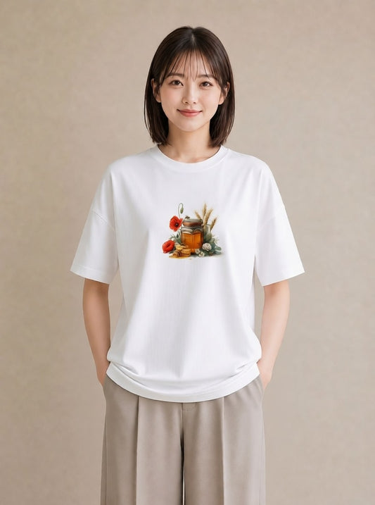 半袖Tシャツ レディース はちみつ 食べ物 フード イラスト モード 散歩 お出かけ 白T YMAZO