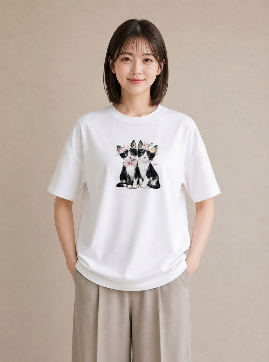 デザインTシャツ レディース ハチワレ 白黒猫 猫 ねこ イラスト カフェコーデ カフェ巡り 女子会 白T YMAZO