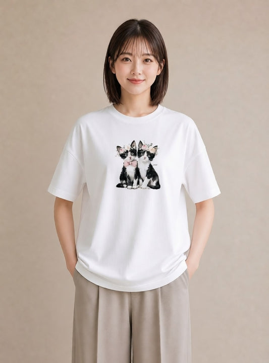 デザインTシャツ レディース ハチワレ 白黒猫 猫 ねこ イラスト カフェコーデ カフェ巡り 女子会 白T YMAZO