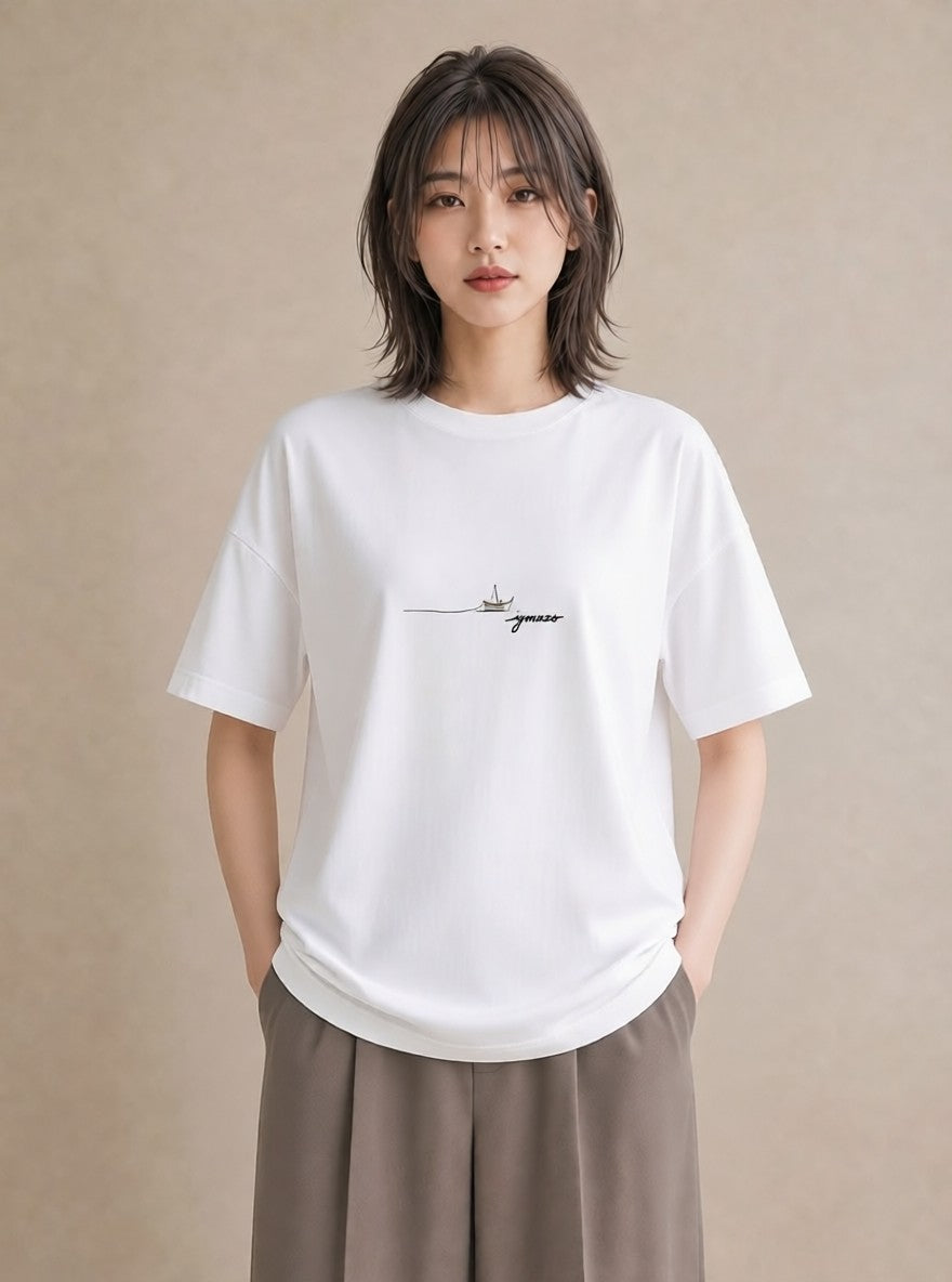 グラフィックTシャツ レディース 桟橋 水辺 波止場 ナチュラル アンティーク イラスト ポップ カジュアルコーデ 買い物 白T YMAZO