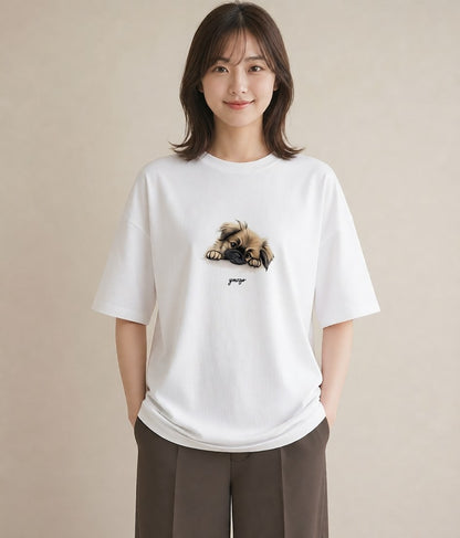 グラフィックTシャツ レディース 狆 犬 いぬ イラスト 普段使い デート 帰省 白T YMAZO