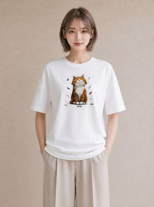 半袖Tシャツ レディース 茶トラ 茶猫 猫 ねこ イラスト シック 綿100 デート 白T YMAZO