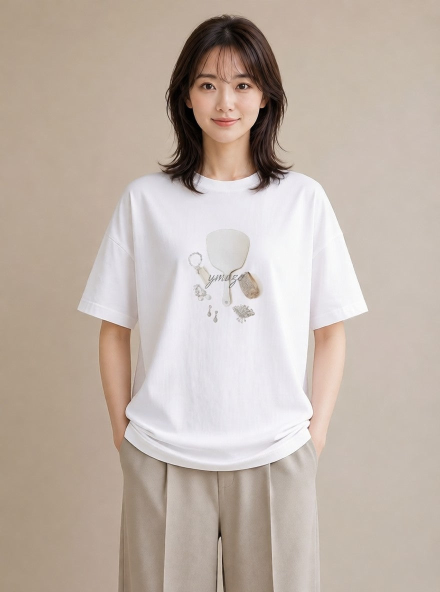 グラフィックTシャツ レディース 手鏡 アンティーク レトロ ナチュラル イラスト 北欧風 ホワイトデー 春服 白T YMAZO
