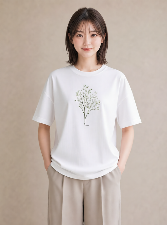 デザインTシャツ レディース カスミソウ かすみ草 花 花柄 イラスト 個性的 カジュアルコーデ 買い物 白T YMAZO