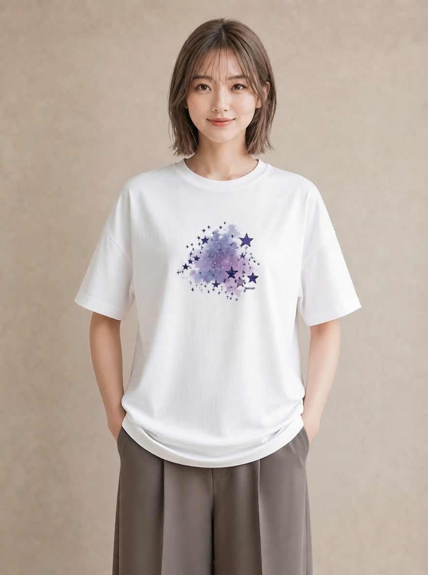 Tシャツ レディース スター 星空 宇宙 イラスト フェミニン お出かけ 普段着 白T YMAZO