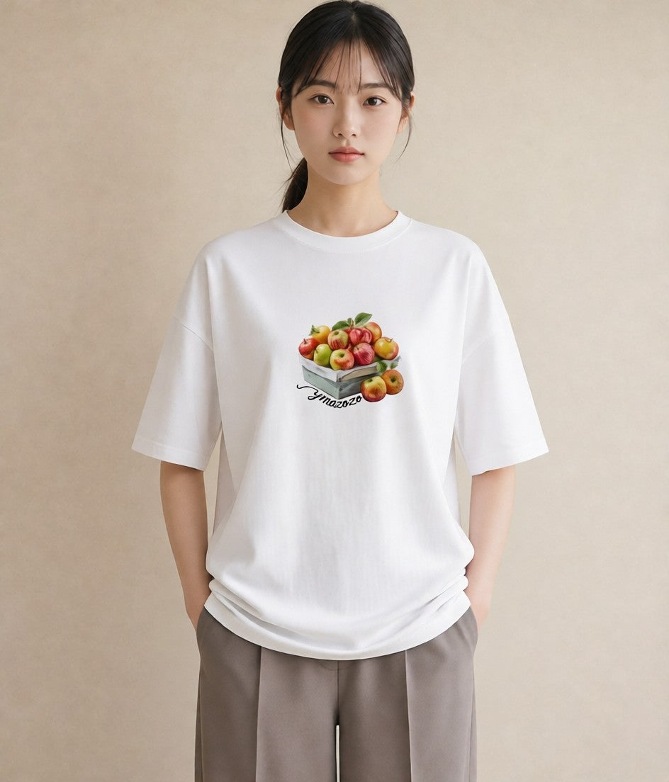 半袖Tシャツ レディース りんご 林檎 アップル 食べ物 フード イラスト こなれ感 女性 旅行用 白T YMAZO