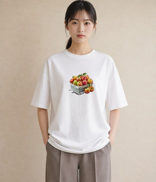 半袖Tシャツ レディース りんご 林檎 アップル 食べ物 フード イラスト こなれ感 女性 旅行用 白T YMAZO