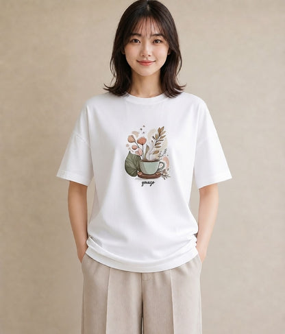 半袖Tシャツ レディース ココア 食べ物 フード イラスト 上品 ラフ レイヤード 白T YMAZO