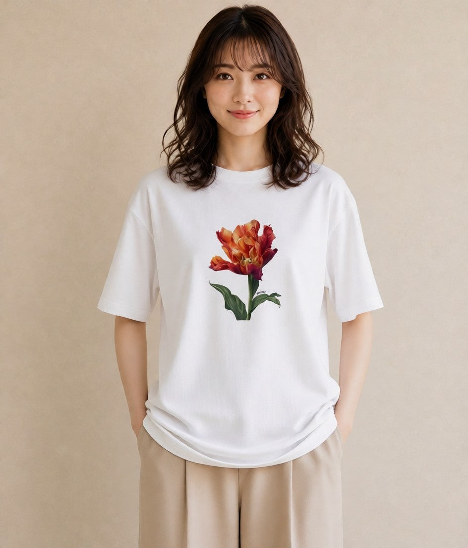 Tシャツ レディース チューリップ 花 花柄 イラスト 線画 ママ カフェ服 白T