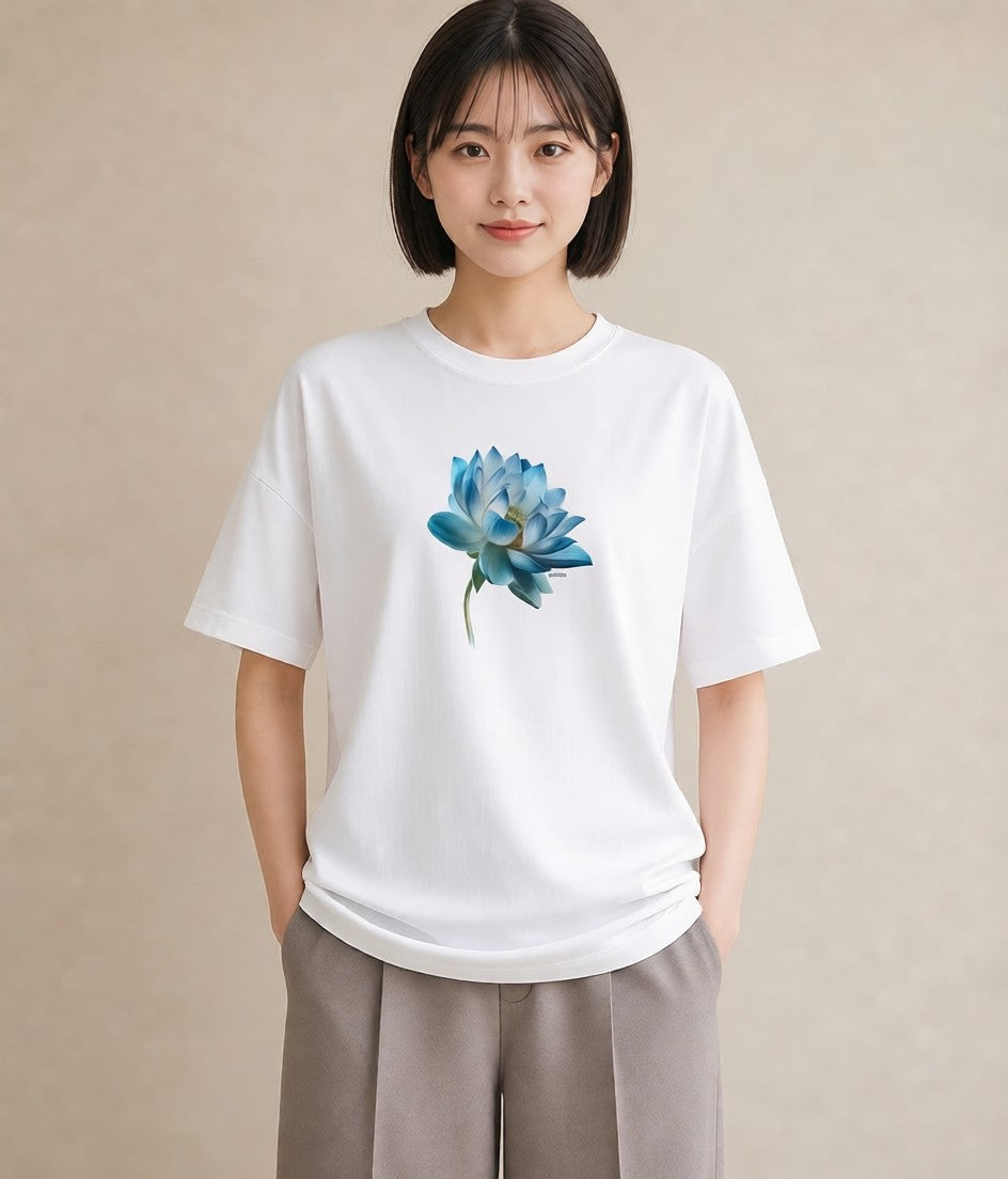 半袖Tシャツ レディース 蓮 花 花柄 イラスト モード 20代 カジュアルコーデ 白T
