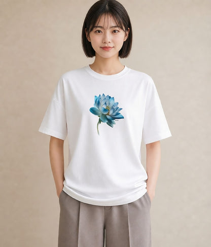 半袖Tシャツ レディース 蓮 花 花柄 イラスト モード 20代 カジュアルコーデ 白T
