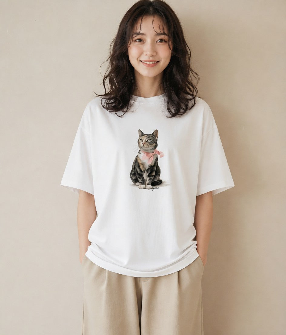 半袖Tシャツ レディース 猫 ねこ イラスト アート風 部屋着 女性向けギフト 白T YMAZO