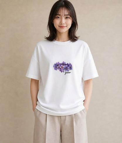 グラフィックTシャツ レディース スミレ 花 花柄 イラスト こなれ感 社会人 女性 白T YMAZO