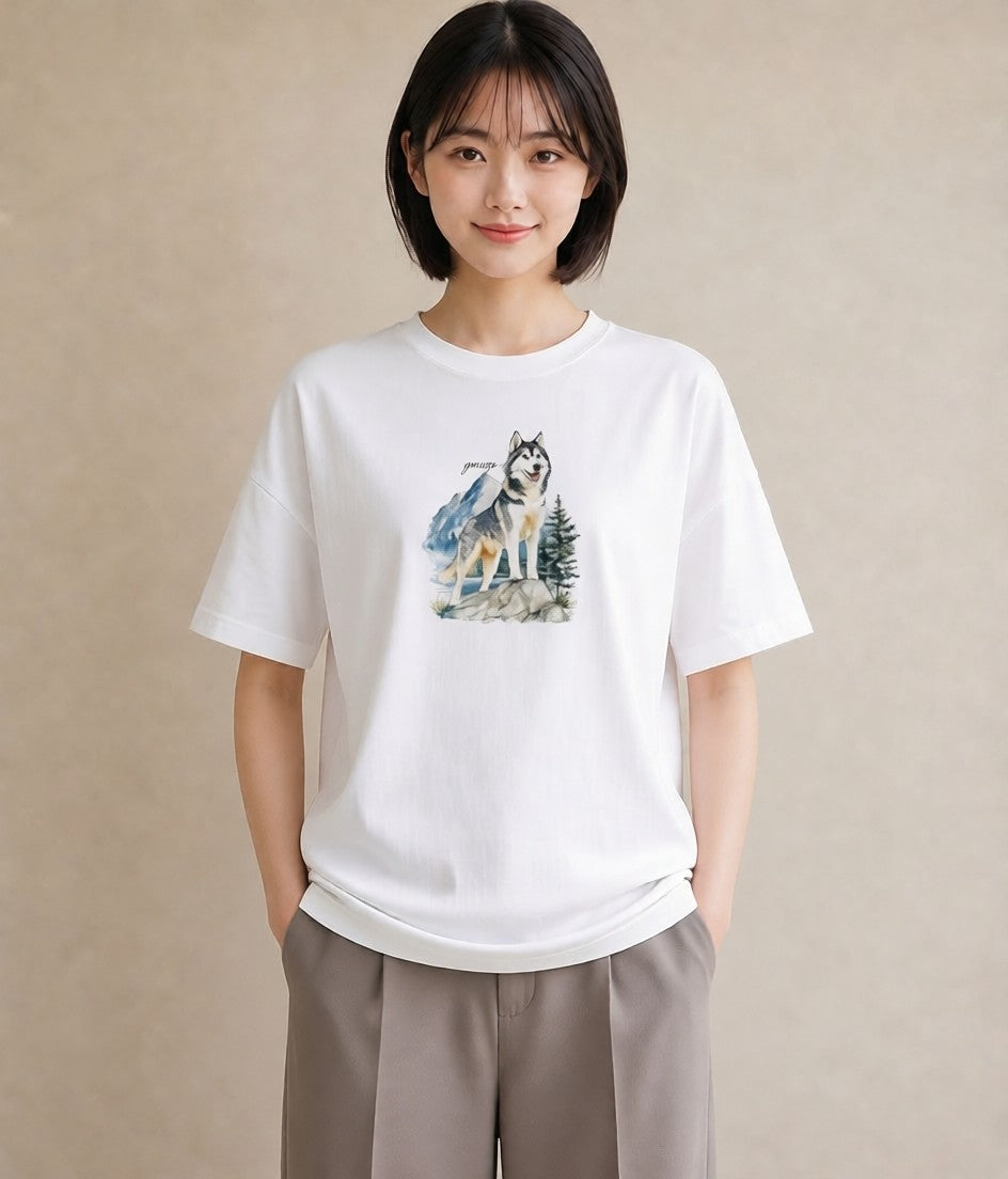 グラフィックTシャツ レディース シベリアンハスキー 犬 いぬ イラスト 線画 女性向けギフト 散歩 白T YMAZO