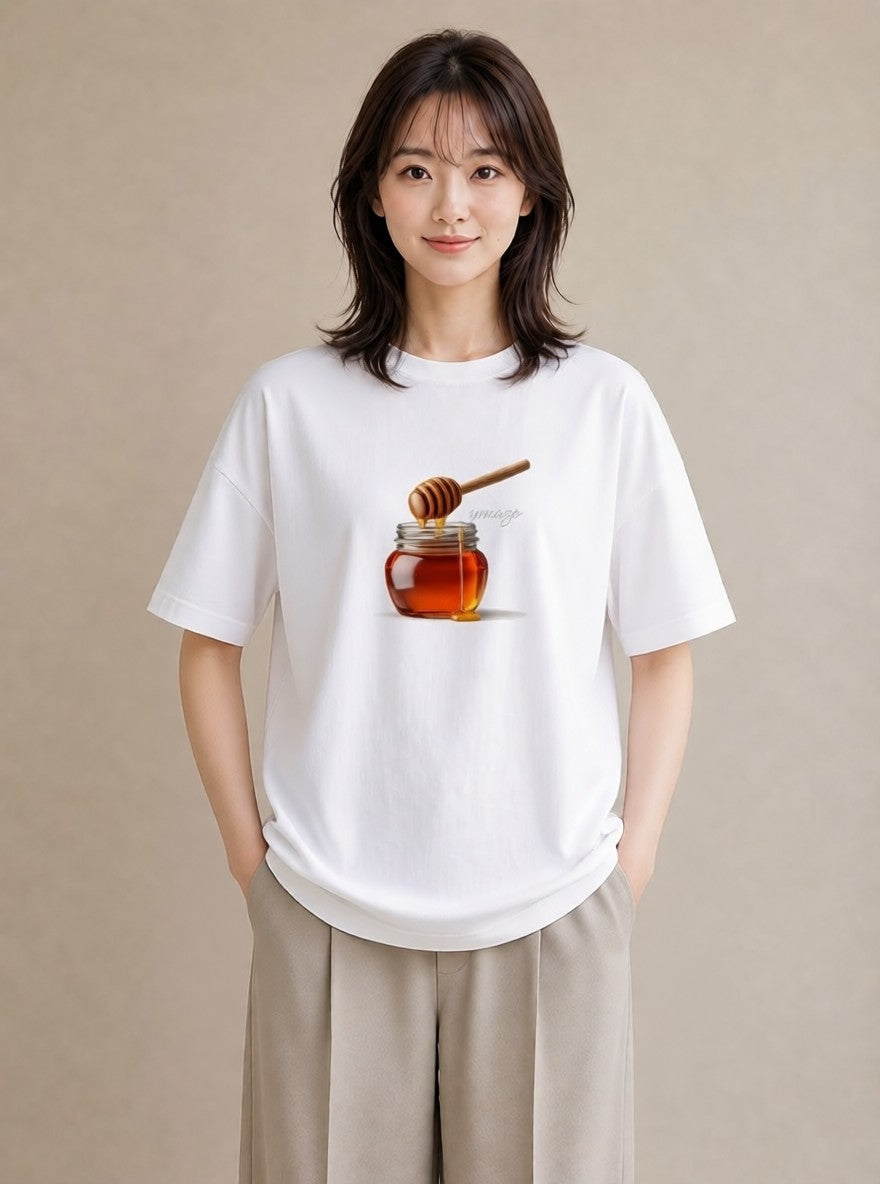 プリントTシャツ レディース はちみつ 食べ物 フード イラスト ユニーク 在宅 公園 白T YMAZO