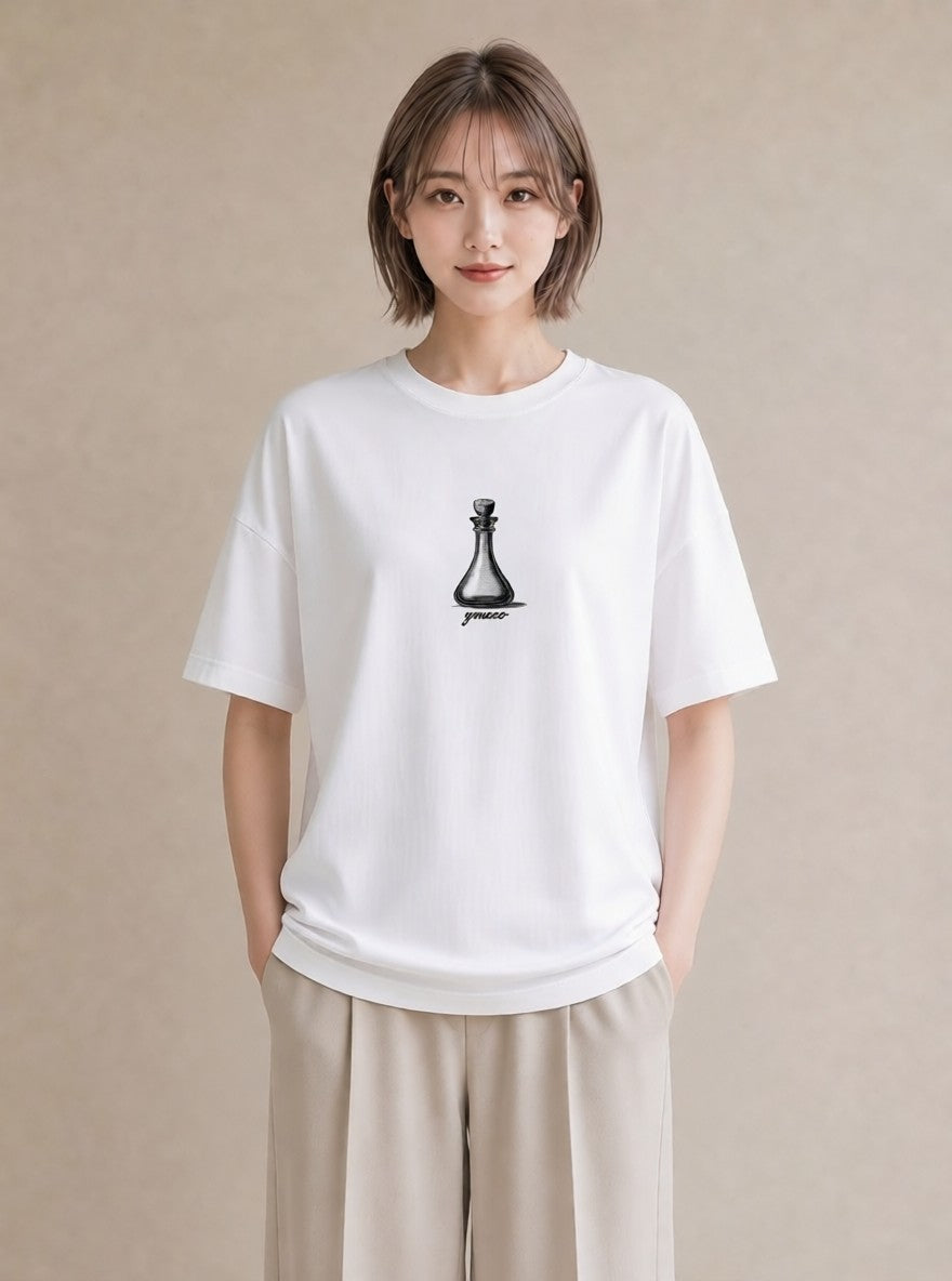 デザインTシャツ レディース ガラス瓶 小枝 ボタニカル ナチュラル アンティーク イラスト 休日コーデ 旅行 母娘コーデ 白T YMAZO