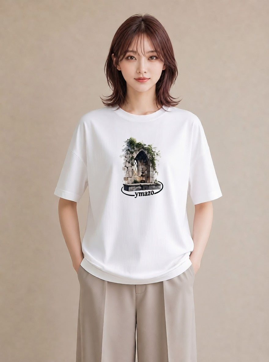 プリントTシャツ レディース 夕暮れ バルコニー 夕焼け ナチュラル アンティーク イラスト お揃い 親子 白T YMAZO