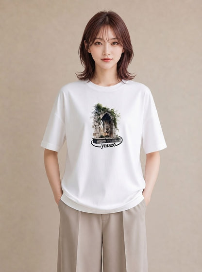 プリントTシャツ レディース 夕暮れ バルコニー 夕焼け ナチュラル アンティーク イラスト お揃い 親子 白T YMAZO