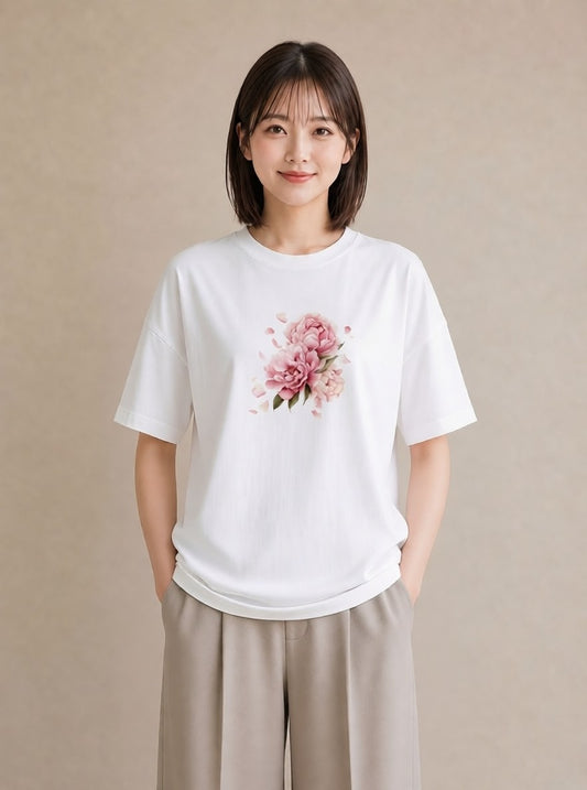グラフィックTシャツ レディース 椿 花 花柄 イラスト 休日コーデ 送別ギフト 通勤 白T YMAZO