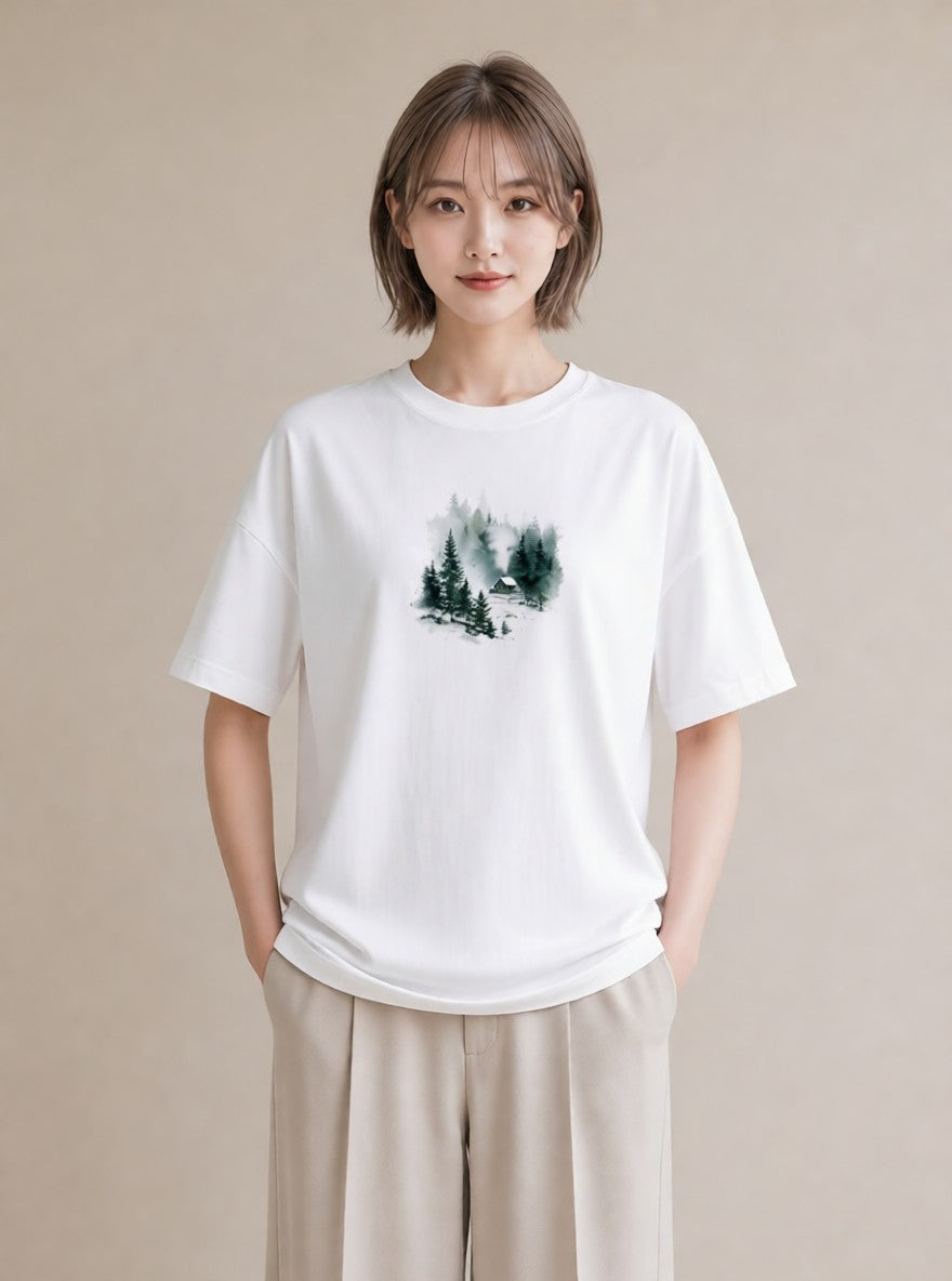 プリントTシャツ レディース 湖畔の小屋 湖 小屋 ナチュラル アンティーク イラスト 休日コーデ 誕生日プレゼント 綿100 白T YMAZO