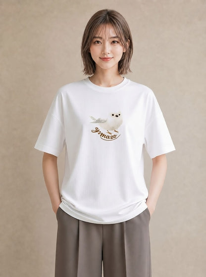 プリントTシャツ レディース シロフクロウ 動物 アニマル イラスト 韓国風 ホワイトデー 春服 白T YMAZO