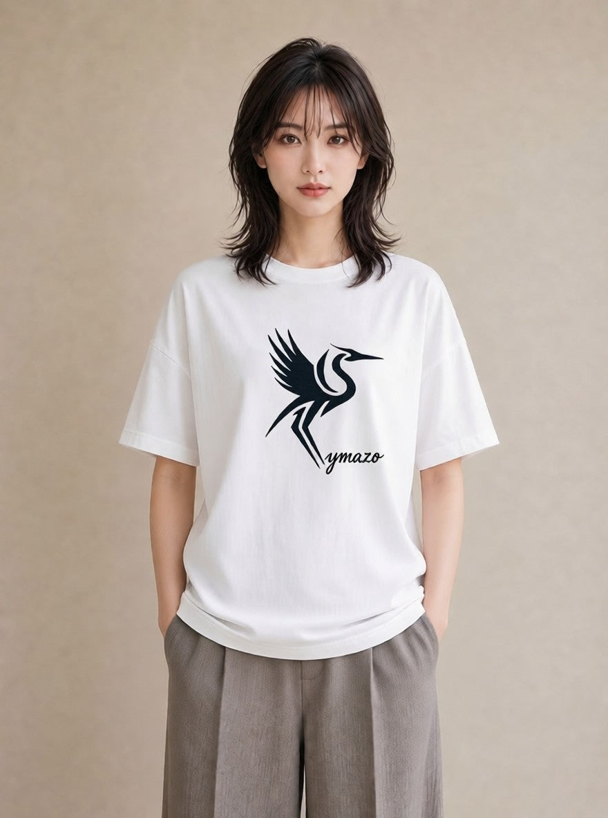 プリントTシャツ レディース 折り鶴 折り紙 ナチュラル アンティーク イラスト 線画 散歩 お出かけ 白T YMAZO