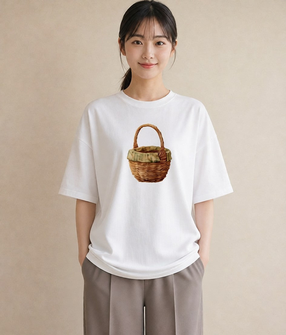半袖Tシャツ レディース 自転車のかご 自転車 花かご ナチュラル アンティーク イラスト ゆるコーデ カフェ巡り 女子会 白T YMAZO