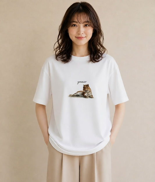 半袖Tシャツ レディース ぶち猫 猫 ねこ イラスト 普段使い お揃い 親子 白T YMAZO