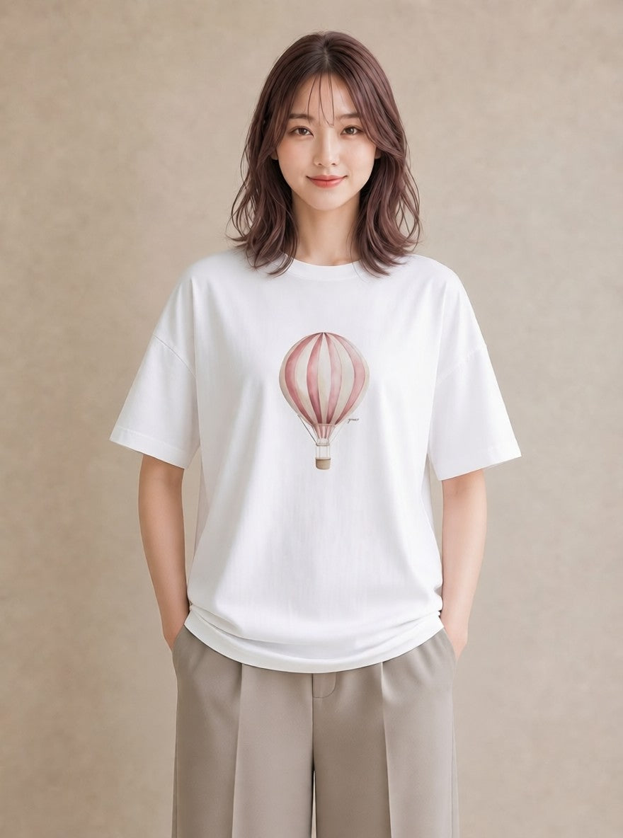 プリントTシャツ レディース 紙風船 和紙 ナチュラル アンティーク イラスト ポップ 帰省 ラフ 白T YMAZO