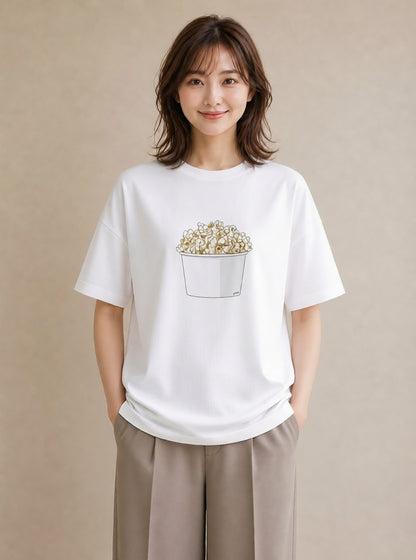 グラフィックTシャツ レディース ポップコーン 食べ物 フード イラスト フェミニン 送別ギフト 通勤 白T YMAZO