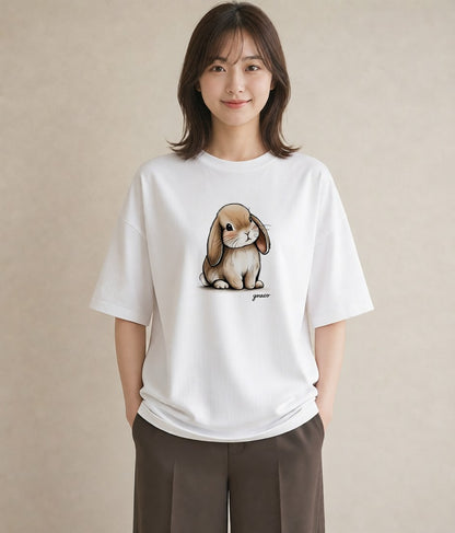 半袖Tシャツ レディース ロップイヤー ペット 動物 イラスト カフェコーデ 社会人 女性 白T YMAZO
