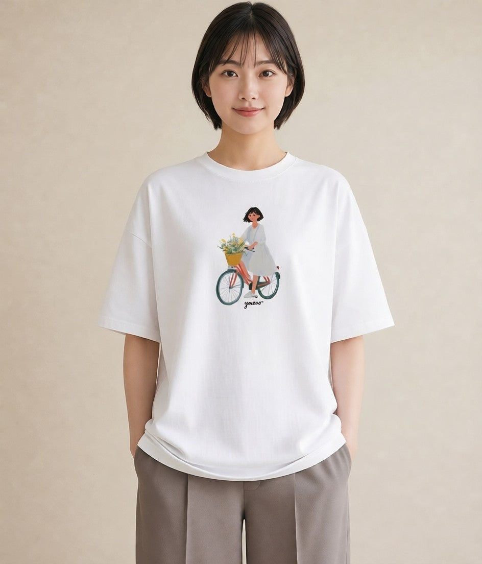 プリントTシャツ レディース 自転車のかご 自転車 花かご ナチュラル アンティーク イラスト きれいめカジュアル 姉妹 送別ギフト 白T YMAZO