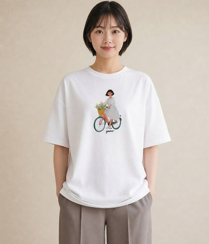 プリントTシャツ レディース 自転車のかご 自転車 花かご ナチュラル アンティーク イラスト きれいめカジュアル 姉妹 送別ギフト 白T YMAZO