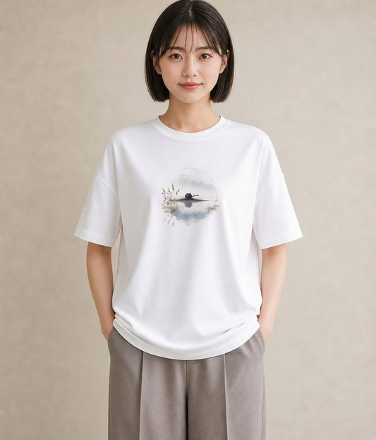 半袖Tシャツ レディース 青の水彩 風景 ブルー ナチュラル アンティーク イラスト ポップ クリスマス 旅行 白T YMAZO