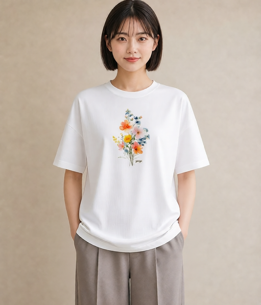 デザインTシャツ レディース コスモス 秋桜 花 花柄 イラスト ナチュラル 旅行 母娘コーデ 白T YMAZO