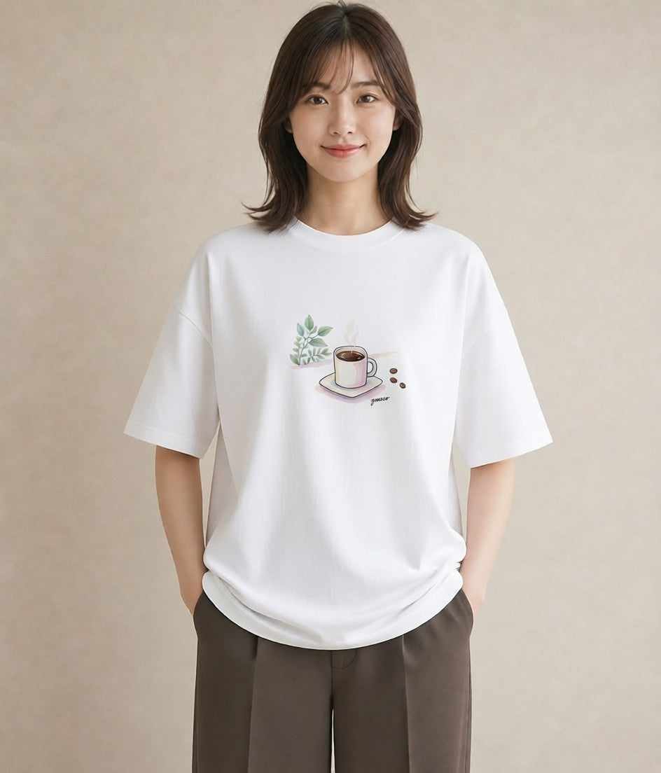 Tシャツ レディース コーヒー カフェ 珈琲 イラスト ユニーク ペアコーデ 秋コーデ 白T YMAZO