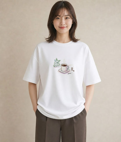 Tシャツ レディース コーヒー カフェ 珈琲 イラスト ユニーク ペアコーデ 秋コーデ 白T YMAZO