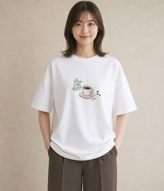 Tシャツ レディース コーヒー カフェ 珈琲 イラスト ユニーク ペアコーデ 秋コーデ 白T YMAZO