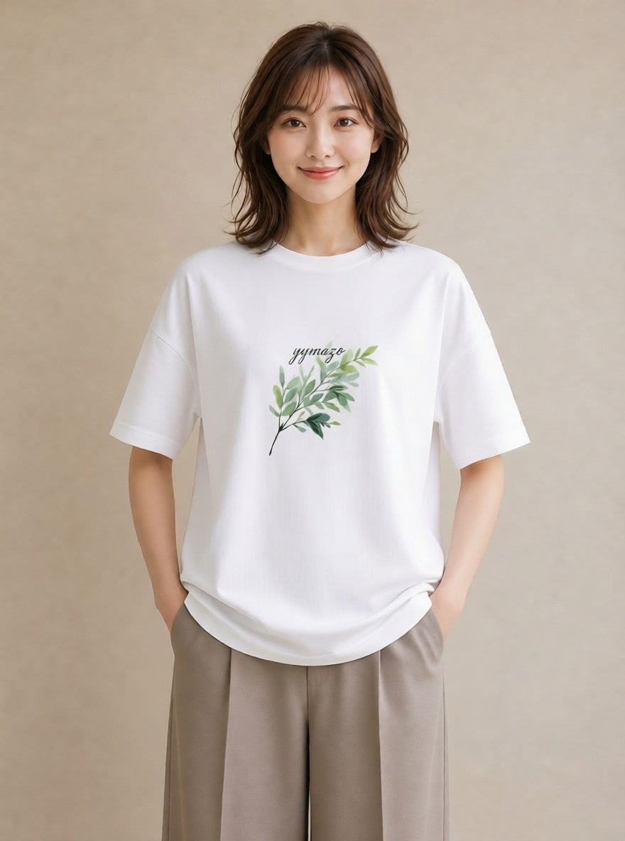Tシャツ レディース シダ 植物 ボタニカル イラスト きれいめ 在宅 公園 白T YMAZO