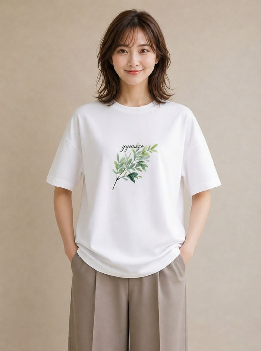 Tシャツ レディース シダ 植物 ボタニカル イラスト きれいめ 在宅 公園 白T YMAZO