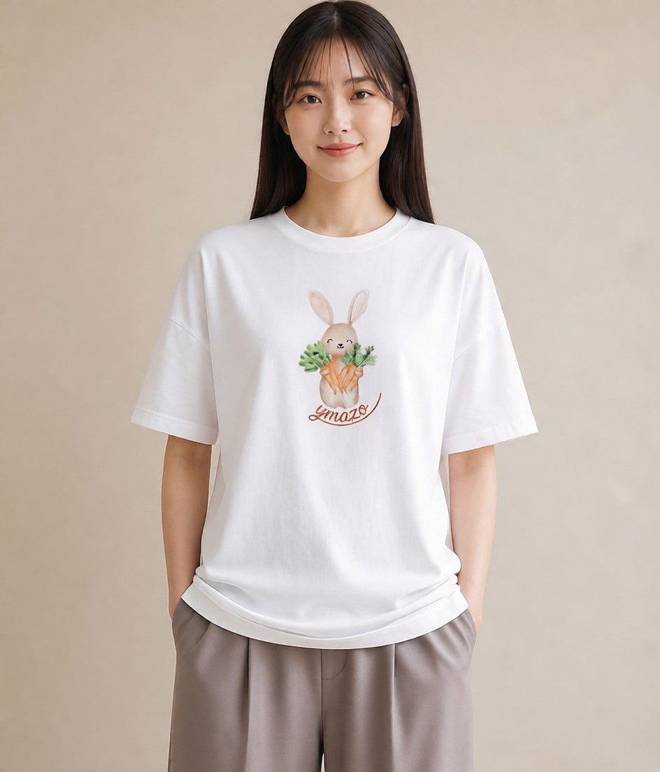 Tシャツ レディース ウサギ系野生 動物 アニマル イラスト 在宅 公園 白T YMAZO