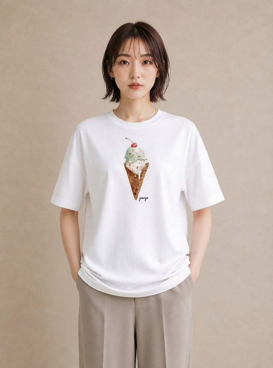グラフィックTシャツ レディース パフェ 食べ物 フード イラスト 淡色 カフェ巡り 女子会 白T YMAZO