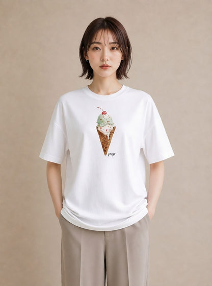 グラフィックTシャツ レディース パフェ 食べ物 フード イラスト 淡色 カフェ巡り 女子会 白T YMAZO