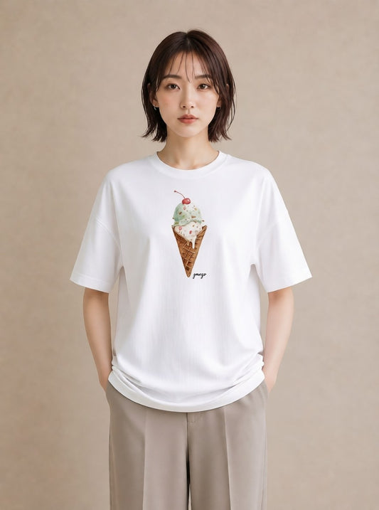 グラフィックTシャツ レディース パフェ 食べ物 フード イラスト 淡色 カフェ巡り 女子会 白T YMAZO