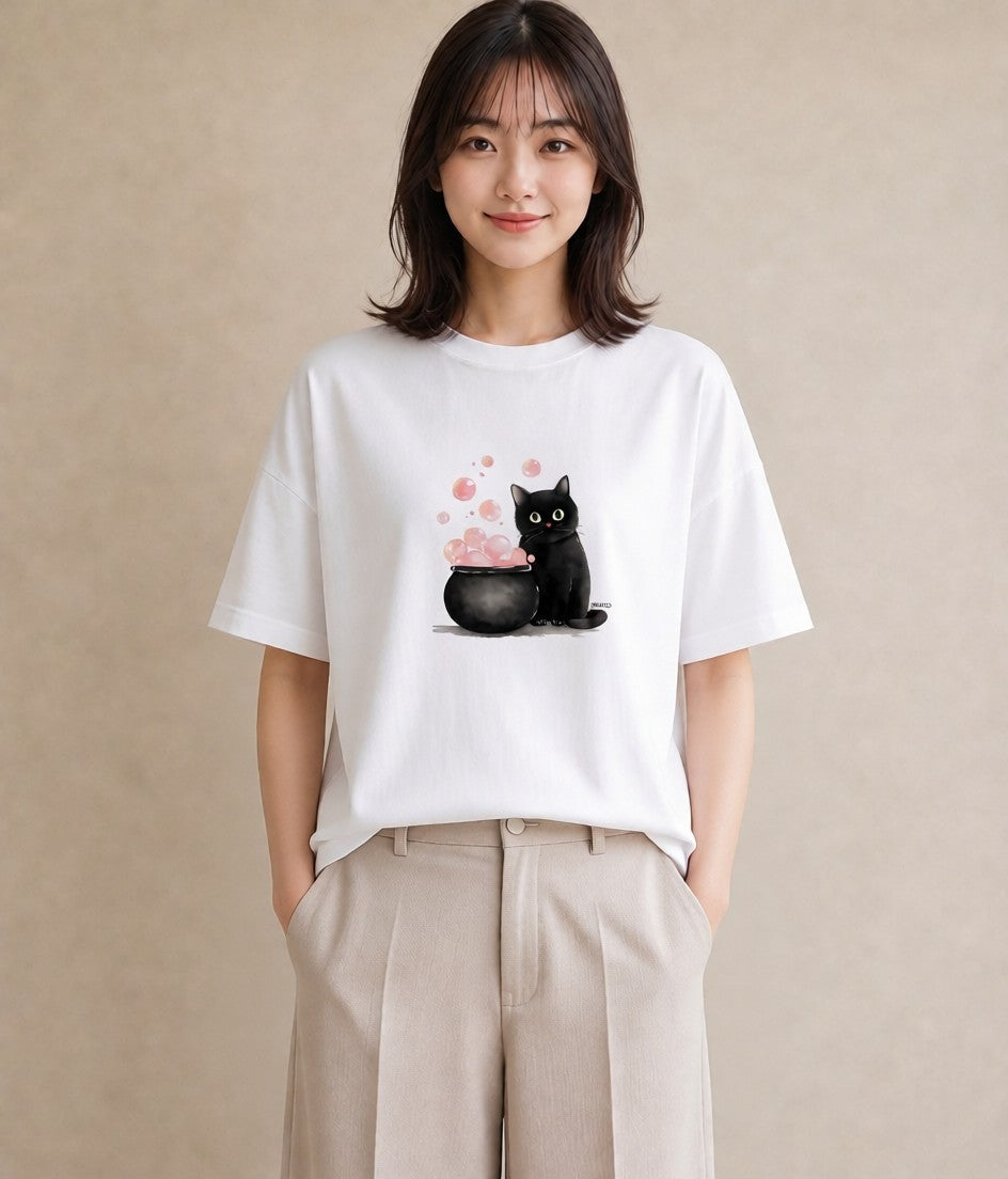 半袖Tシャツ レディース 黒猫 猫 ねこ イラスト ボタニカル 社会人 女性 白T YMAZO