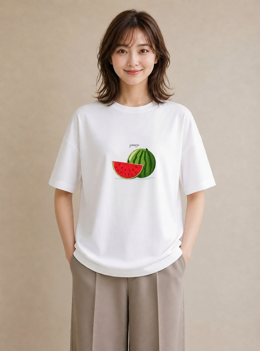 プリントTシャツ レディース すいか 食べ物 フード イラスト ラフカジュアル 在宅 公園 白T YMAZO
