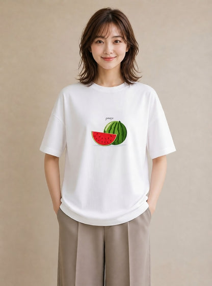 プリントTシャツ レディース すいか 食べ物 フード イラスト ラフカジュアル 在宅 公園 白T YMAZO